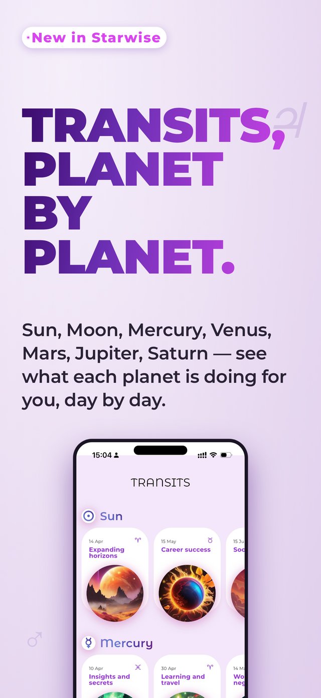 Transits screen showing planet-by-planet forecasts
